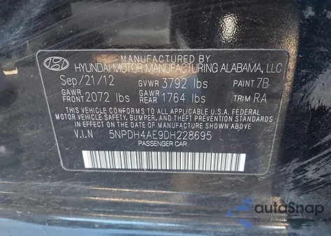 2013 Hyundai Elantra Gls from USA, damaged, VIN 5NPDH4AE9DH228695